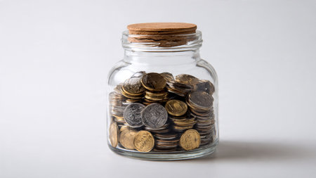 Bright wealth theme featuring upright jar and coins aligned neatly in a horizontal row, commercial-safe.の写真素材