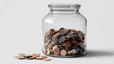 High-key minimalist scene with coins arranged simply around a jar placed slightly off-center, commercial-safe.の写真素材