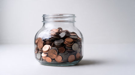 Clean budgeting layout showing coins leading diagonally toward a glass jar, commercial-safe.