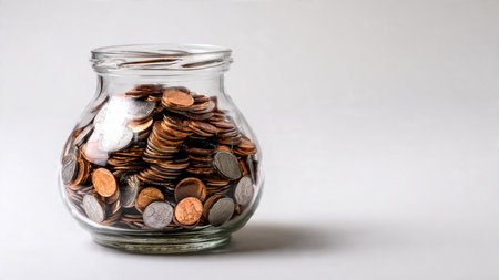 Balanced saving-themed arrangement with a clear glass jar next to evenly stacked coins under soft...
