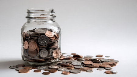 Soft studio scene with a tipped jar and a minimal cluster of coins arranged calmly, commercial-safe.