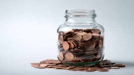 High-key savings illustration featuring neat rows of coins leading toward a clear jar,...