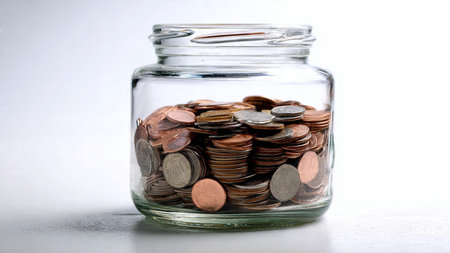 High-key concept showing a jar partially filled with coins positioned on an immaculate white surface, commercial-safe.の写真素材
