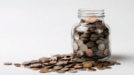 Clean wealth management visual with a half-empty jar and several coins spaced evenly on a white...