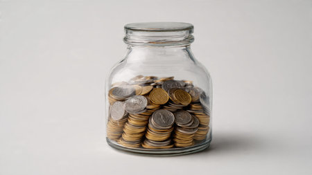 Minimalist money-saving flat lay with a small glass jar and neat rows of coins symmetrically aligned...