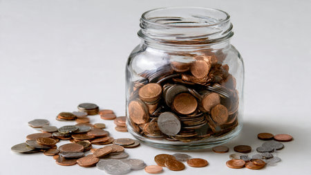 Minimal wealth illustration showing a jar tilted as coins fall naturally on a bright surface,...