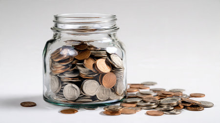 High-key savings shot featuring a half-filled jar and coins positioned asymmetrically but cleanly,...