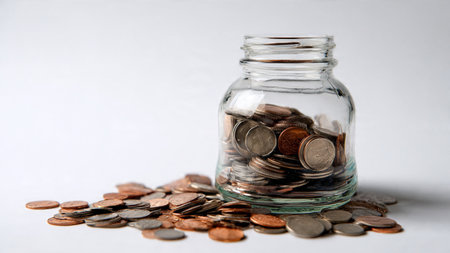 Elegant financial alignment with a row of coins leading toward a classic glass jar.