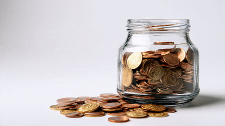 Soft-lit investment layout showing a tidy row of coins leading toward a transparent jar on a neutral...