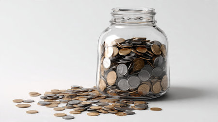 Clean modern savings illustration showing a half-empty jar with a few coins beside it.