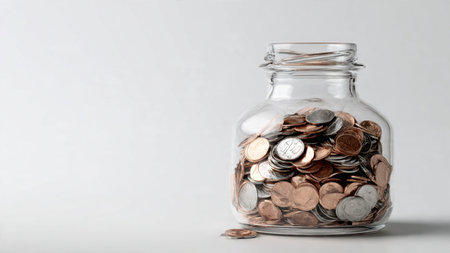 Clean budgeting concept with a transparent jar standing upright next to a neat pile of polished...