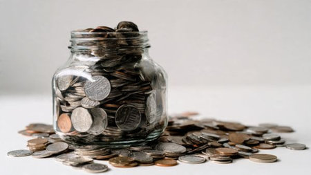 Soft elegant scene with an empty jar and a small pile of coins exploring a budgeting theme.