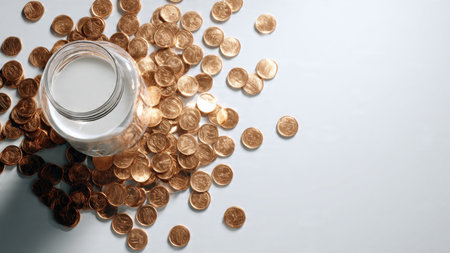 Soft bright financial layout showing a tipped jar releasing coins in a subtle wave shape,...