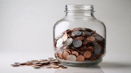 Clean composition of an upright jar next to a pile of loose coins symbolizing early-stage saving habits, commercial-safe.の写真素材