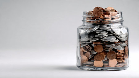 Studio-perfect financial planning scene featuring carefully placed coins near a transparent jar,...