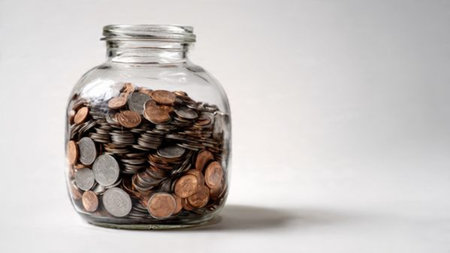 Soft-lit budgeting shot highlighting a glass jar surrounded by a gentle spread of shiny coins,...