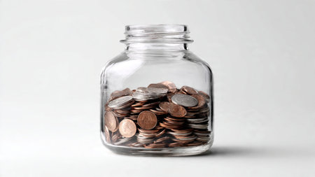 Professional minimal flat lay featuring a sleek jar and symmetrical coin layout on white,...