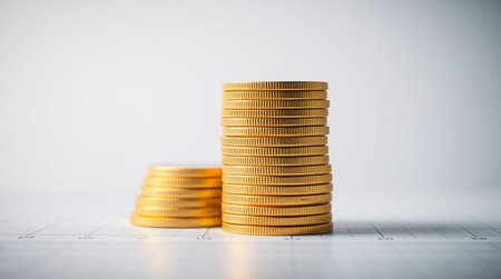 Stack of gold coins on the table with white background. Business and finance concept.の写真素材