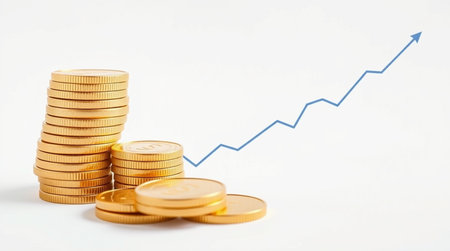 Stacks of gold coins with growing graph on white background, business and financial concept