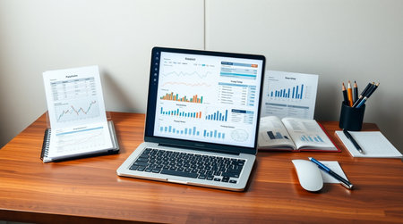 Laptop with financial chart on table in office. Accounting and investment concept