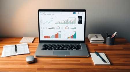 Laptop with financial chart on screen. Business and technology concept.