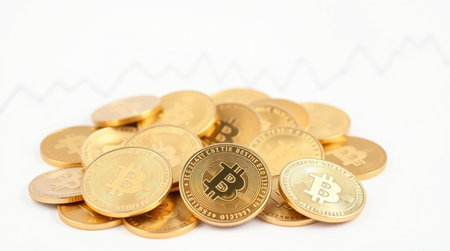 golden bitcoin coins isolated on white background with financial chart and graphの写真素材