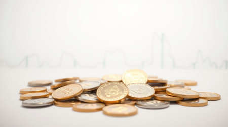 Coins on a white background with a graph in the background.の写真素材