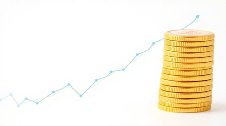 Investment concept, Stack of gold coins with graph on white backgroundの写真素材