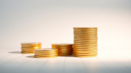 Stack of gold coins on white paper background, business and financial concept idea.の写真素材