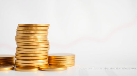 Stacks of gold coins on white background, business and finance conceptの写真素材