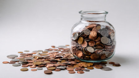 Minimal budgeting shot showing three coins arranged neatly beside a transparent jar.