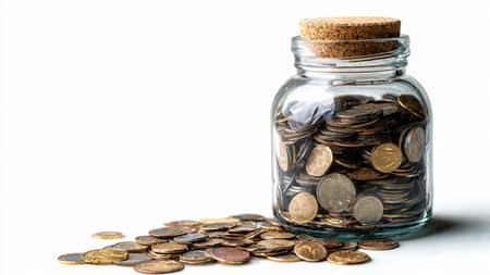 Elegant savings structure with a jar and coins positioned symmetrically for a modern look,...