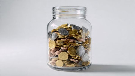 Coins in a glass jar on a white background. Saving money concept.