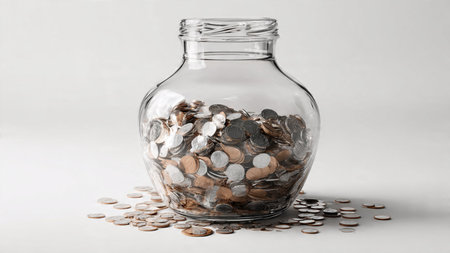 High-key minimalist setup featuring a jar tipped gently as coins spill outward in a soft curve, commercial-safe.の写真素材