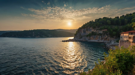 A breathtaking coastal view with rolling waves, fresh sea breeze, and a vibrant blue sky.の写真素材