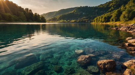 A soothing beach atmosphere with clear skies, soft sands, and quietly glistening waves.の写真素材