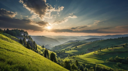 A breathtaking sunset over rolling green hills and mountains.