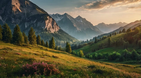 A peaceful coastline with rhythmic waves shimmering beneath warm sunlight.の写真素材