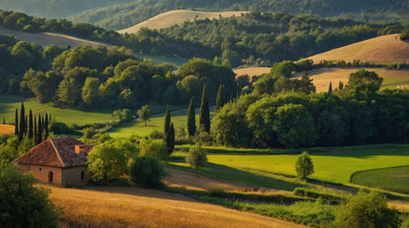 A picturesque countryside scene with rolling hills, green fields, and a traditional farmhouse...