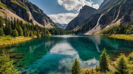 A pristine alpine lake with emerald waters and sunlit ripples forming a peaceful atmosphere.