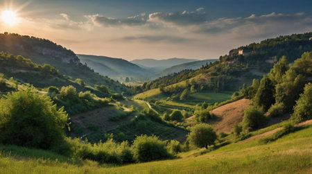 A peaceful landscape featuring lush green fields and rolling hills under a bright sky.