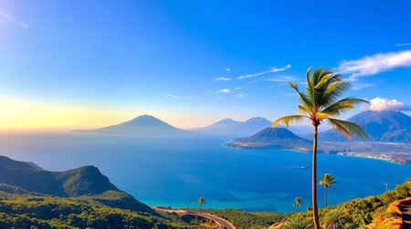 A scenic tropical bay where crystal water laps against smooth white sand.