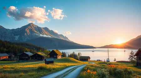 A gorgeous sunrise illuminating the beach with vibrant colors and glowing sea reflections.の写真素材