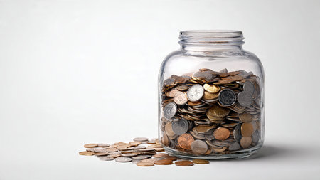 Coins in glass jar on white background. Saving money concept.