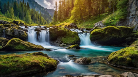 Beautiful waterfall in the mountains. Landscape with a mountain river.の写真素材