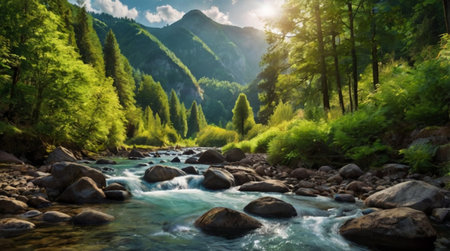 Mountain river in the mountains. Beautiful summer landscape. Mountain river.の写真素材