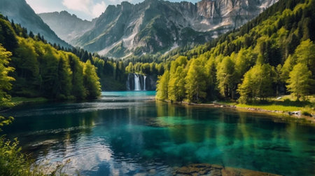 A pristine pond surrounded by lush plants and calm rippling water.