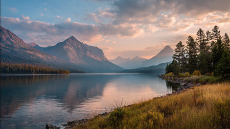A lakeside clearing with soft grass and peaceful scenery.の写真素材