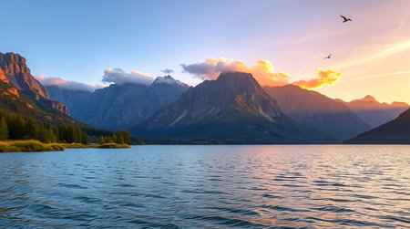 A wide natural landscape illuminated by warm sunset tones.の写真素材