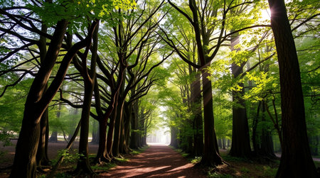 A serene forest path bathed in soft morning light, with tall trees creating a canopy overhead.